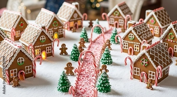 Obraz Gingerbread village with candy canes, gingerbread men, festive scene