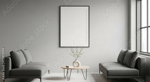 Obraz Minimalist modern living room interior with blank frame & sofas.