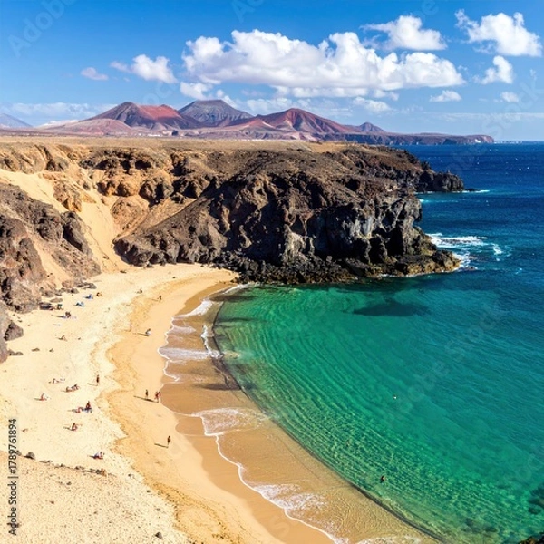 Fototapeta Papagayo Beach - Turquoise Waters and Volcanic Cliffs in Lanzarote.