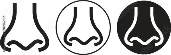 Fototapeta Human nose icons set in flat medical, anatomy and cosmetic styles. Vectors illustration for healthcare, smell, respiration, allergy and beauty designs concepts isolated on transparent background.