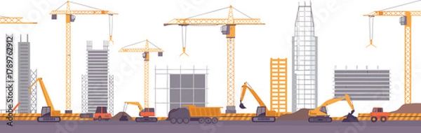 Fototapeta WebUrban construction site, tower cranes, excavators, dump trucks, scaffolding, steel framework, high-rise buildings, civil engineering, industrial machinery, development zone, infrastructure growth