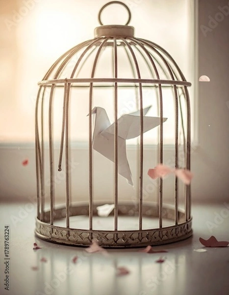 Fototapeta Paper Dove in Cage - A Symbol of Freedom and Confinement.