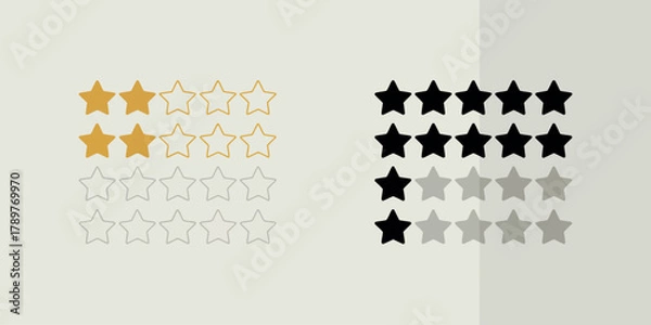 Fototapeta Customer rating system with gold and black stars and reflections