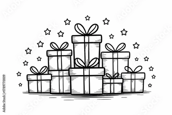 Fototapeta Hand drawn stack of gift boxes with stars illustration