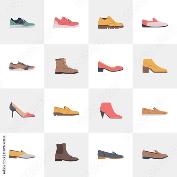 Fototapeta Collection of diverse footwear styles arranged in a grid pattern