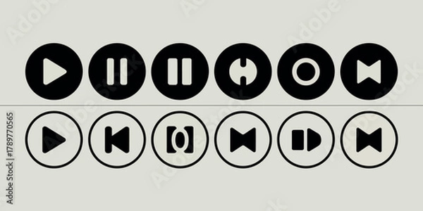 Fototapeta Set of black and white music player control icons on a light background