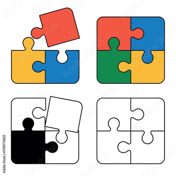Fototapeta Four puzzle piece arrangements showing completion and assembly
