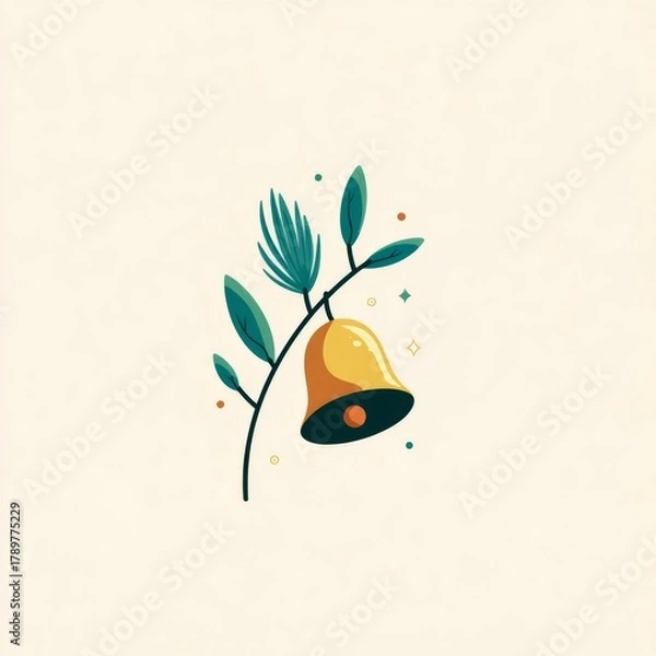 Obraz Stylized illustration of a golden bell hanging from a branch with green leaves and stylized details