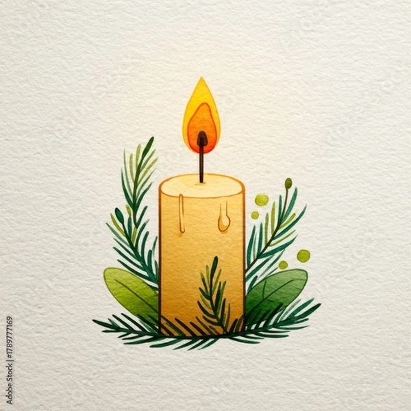 Fototapeta Hand painted candle with flame is surrounded by green leaves and pine needles on textured paper