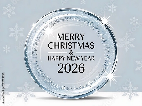 Obraz Merry Christmas and Happy New Year 2026 ice blue swirl silver frame luxury minimalist greeting card