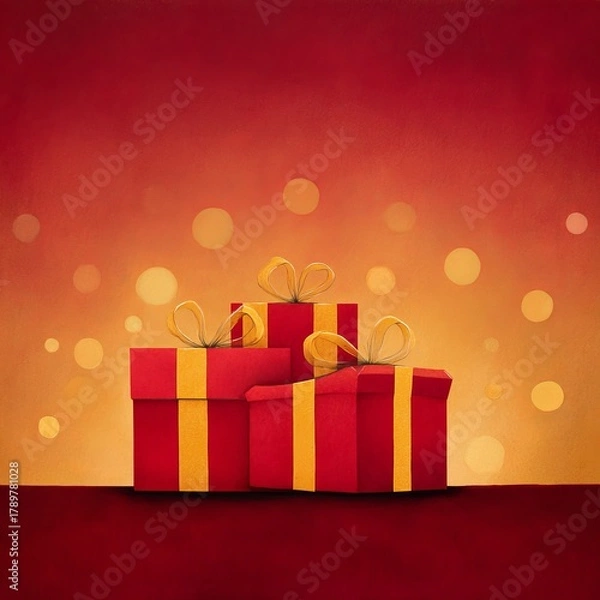 Fototapeta A trio of red gift boxes are stacked each adorned with a yellow ribbon on a warm red bokeh