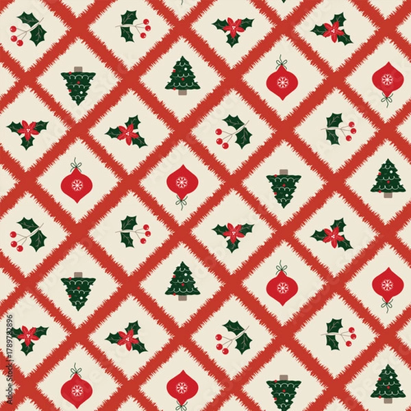 Fototapeta A charming vintage-style Christmas seamless pattern featuring traditional motifs, such as holly, Christmas trees, and ornaments, set within a festive, diagonal plaid design.