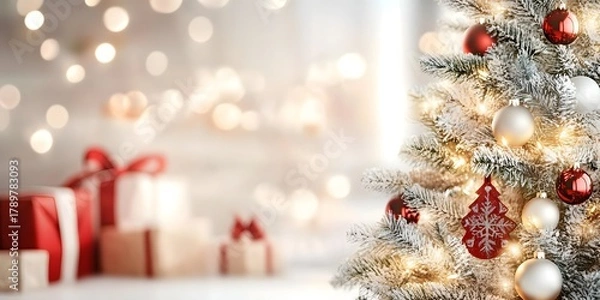 Fototapeta Festive room with Christmas tree and lights.