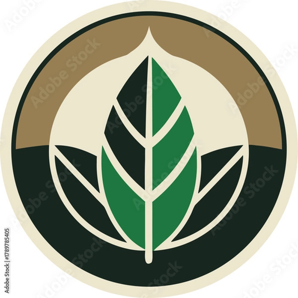 Fototapeta Leaf + circular emblem, green and beige palette, minimal style. silhouette vector icon , black and white , white background