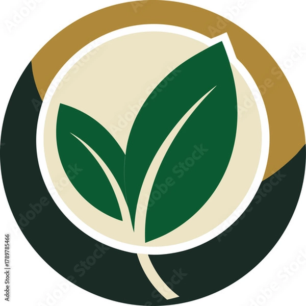 Fototapeta Leaf + circular emblem, green and beige palette, minimal style. silhouette vector icon , black and white , white background