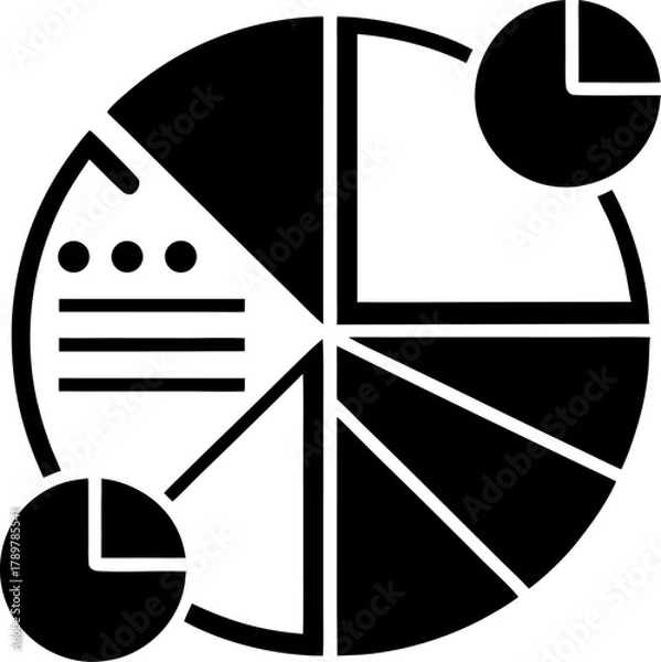 Fototapeta Pie chart with data segments silhouette vector icon , black and white , white background