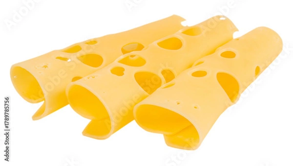 Fototapeta Rolled slices of Swiss cheese with characteristic holes isolated on white background, close up, copy space, food ingredient concept, macro detail