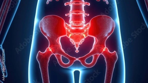 Obraz Human pelvis and hip joint anatomy with red inflammation highlight