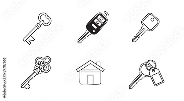 Fototapeta Vintage key drawing collection on white background vector illustration line art