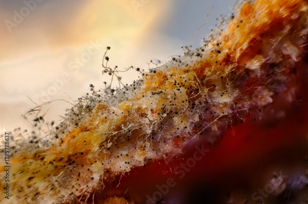 Fototapeta Focus stack macro of black bread mold (Rhizopus) sporulating on a food substrate.