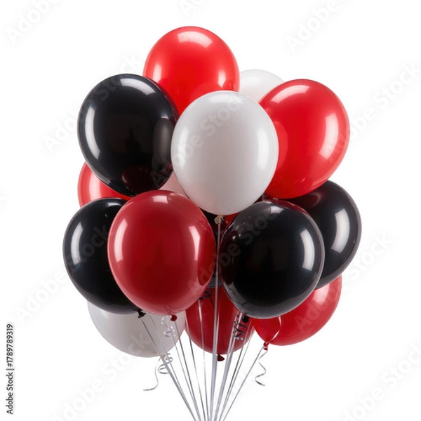 Fototapeta Bunch of red black and white balloons festive decoration for party celebration isolated on white background