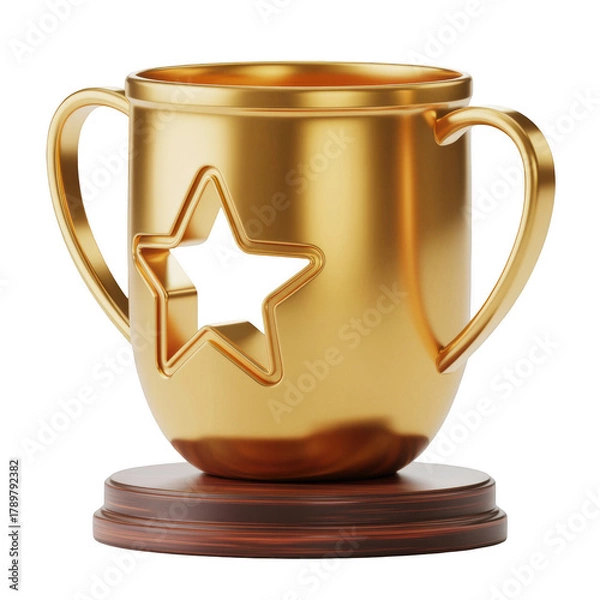 Fototapeta Golden trophy cup with star cutout a symbol of victory and achievement isolated on white background