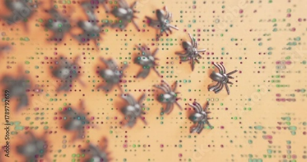 Obraz Scattering metallic spiderlike microrobots crawling on beige wafer, reflecting green magenta nodes