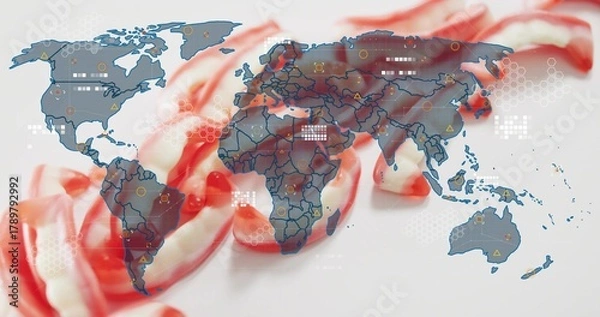 Fototapeta Displaying stylized world map overlay on white surface, showing twisted red-white candies, hex grid