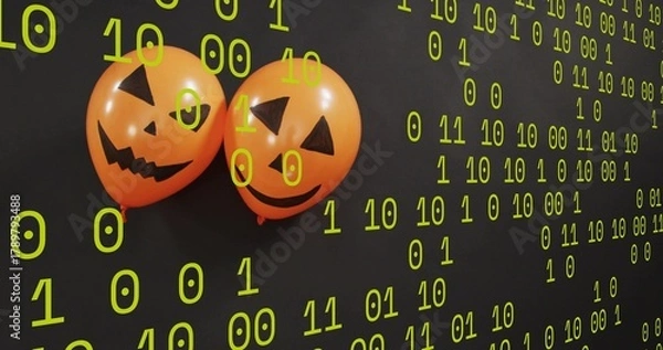 Obraz Floating two orange jack-o'-lantern latex balloons hovering on left wall, neon binary, copy space