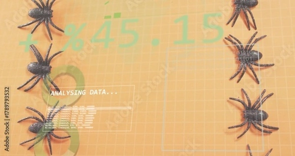Obraz Dominating data overlay showing ANALYSING DATA panel on orange grid, with black plastic spiders