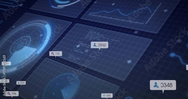 Fototapeta Displaying central translucent panel showing user-count 2560 on virtual dashboard, with radar gauge