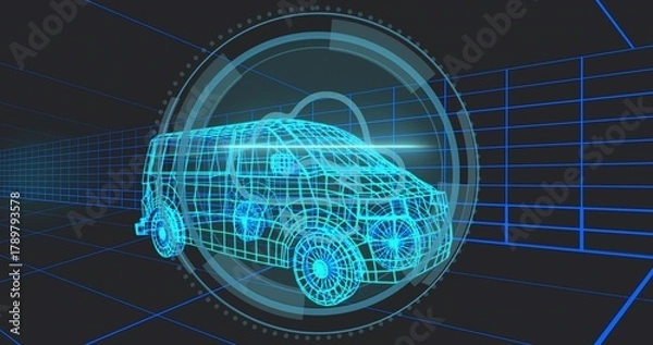 Obraz Displaying cyan wireframe passenger van model in dark virtual simulation, with HUD rings and grid
