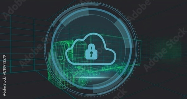 Obraz Displaying central cloud lock inside circular HUD in 3D grid, showing neon green wireframe truck
