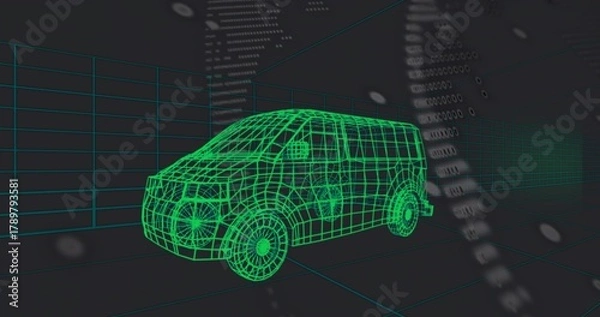 Obraz Rendering neon-green wireframe cargo van model hovering over floor grid, showing digit stream data