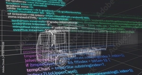 Obraz Rendering wireframe truck tractor cab chassis floating in virtual 3D grid tunnel, neon code overlay