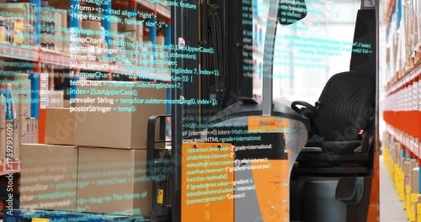 Fototapeta Parking orange pallet jack with seat, column in warehouse aisle, showing pallet racks, code overlay
