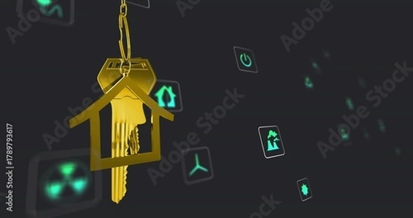 Fototapeta Shining gold house-shaped keychain holding gold keys over dark gradient with teal icons, copy space