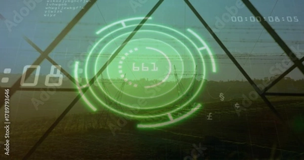 Fototapeta Displaying neon green HUD overlaying farmland at dusk, with pylons, geometric frame, timecode