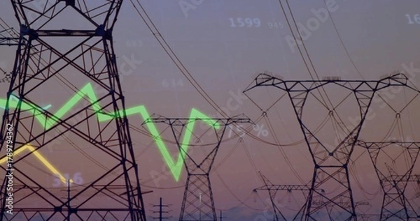 Fototapeta Framing steel lattice pylons, sagging wires and insulators at dusk, with green yellow overlays