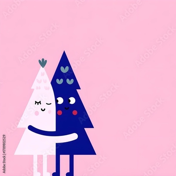 Fototapeta Minimal, fragile line vector of two friends hugging under a Christmas tree, thin elegant lines, red and green pastel accents, cozy, warm holiday scene, modern continuous-line style, perfect for cards.
