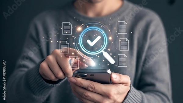 Fototapeta Digital document verification concept. Businessman using smartphone with a magnifying glass and checkmark symbol. Representing secure file approval