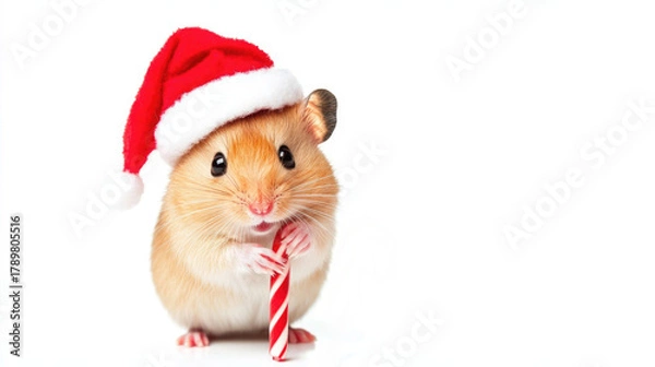 Fototapeta A cute golden hamster wearing a red Santa hat holds a candy cane.