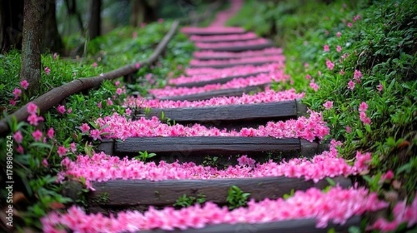 Obraz Wooden Steps in Forest Covered with Pink Flower Petals and Moss