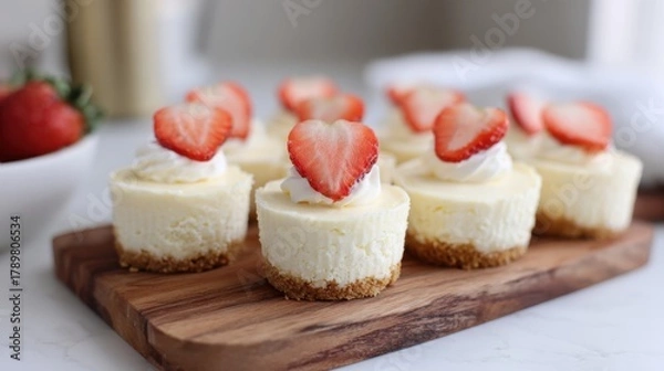 Fototapeta Mini cheesecakes with strawberry toppings on wooden board