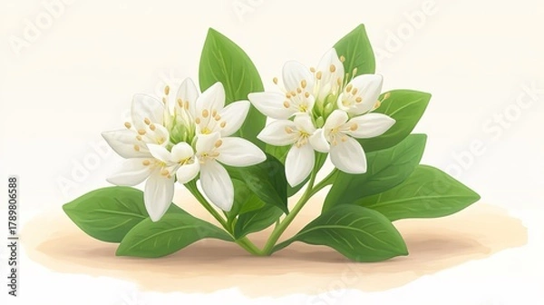 Obraz Two White Flowers with Green Leaves on a Light Background