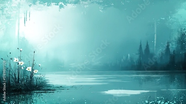 Obraz Teal - toned Misty Lake Landscape with White Flowers and Forest in Background