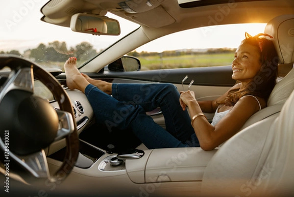 Fototapeta Woman reclining in driver's seat, golden-hour light illuminating relaxed expression while holding phone and keys, legs casually