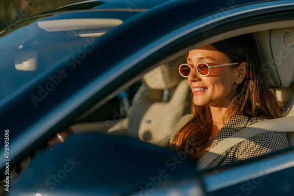 Fototapeta sunlit closeup of woman smiling while driving, soft morning light across face, casual sweater, hands on wheel, calm expression,