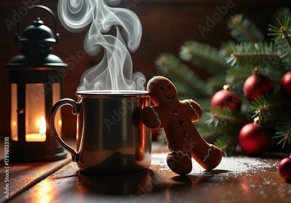 Fototapeta A moody holiday scene featuring a gingerbread man leaning against a steaming mug beside a candle lantern and pine branches with red baubles.