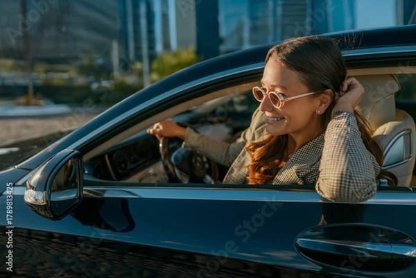 Fototapeta Woman leaning from car window city, styling hair and scanning skyline with confident smile, poised founder energy and urban